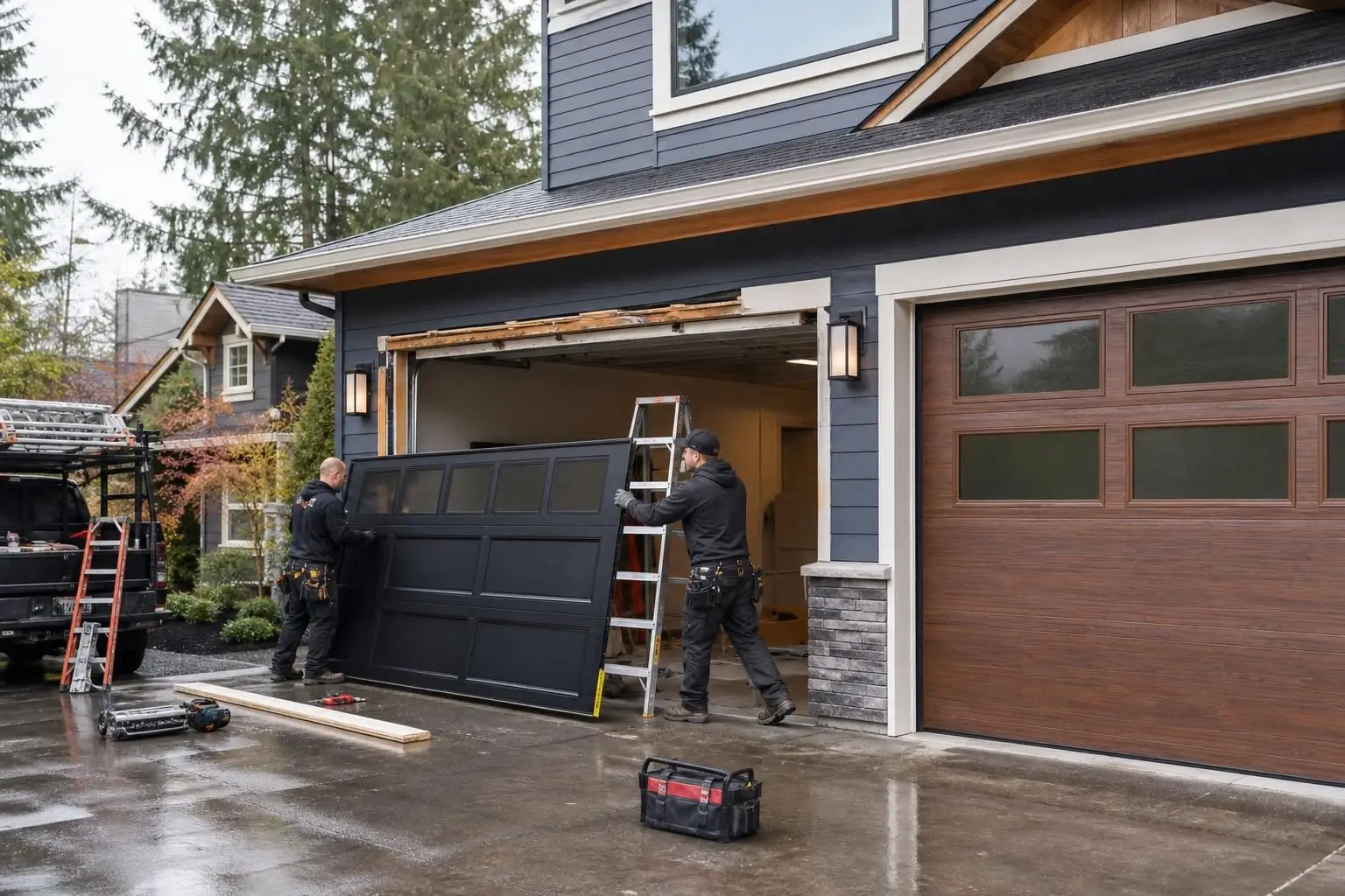 Two workers installing a black garage door panel