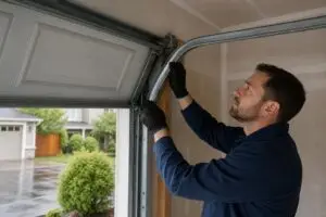 Technician inspecting a curved garage door track inside a garage
