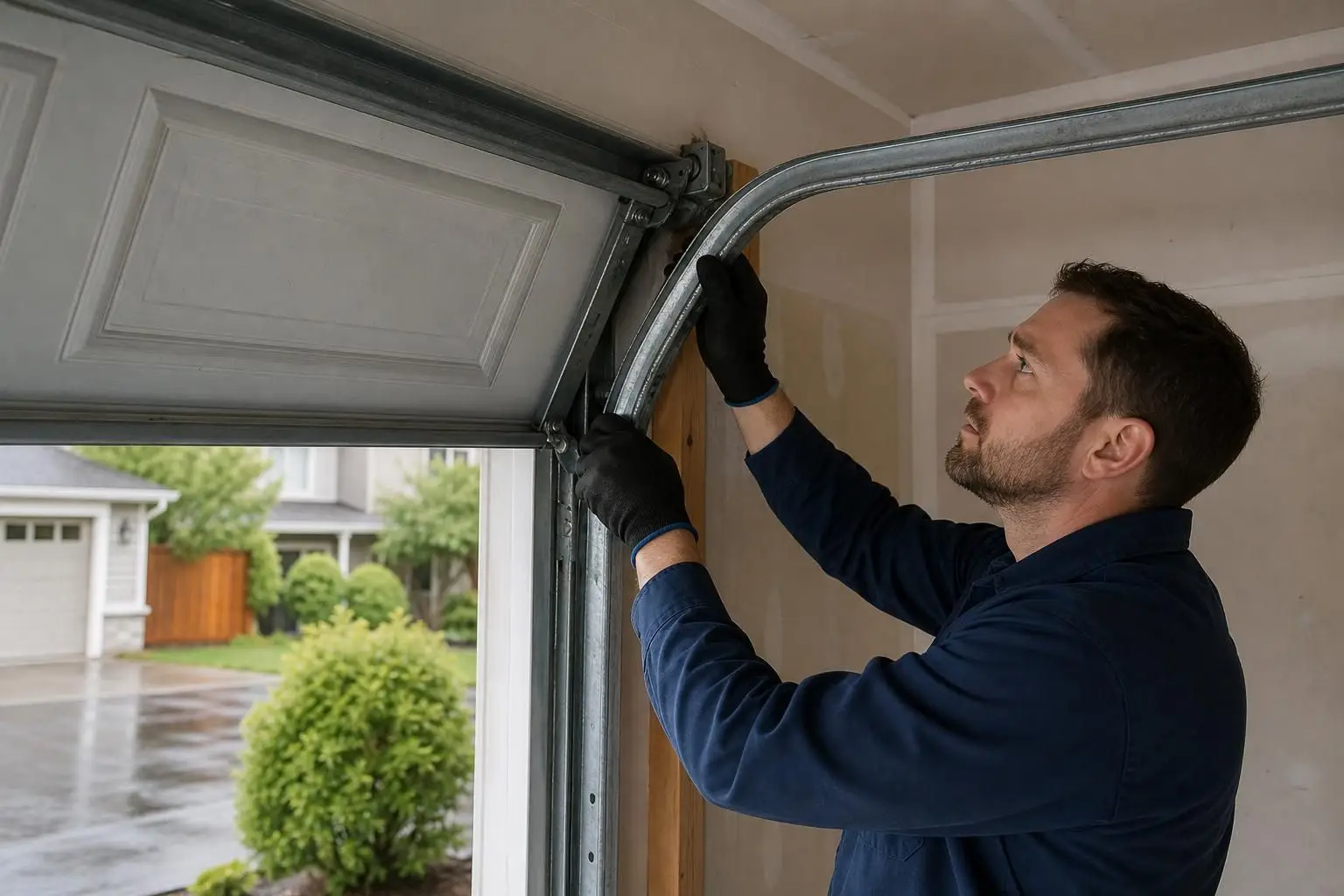 Technician adjusting a bent garage door track