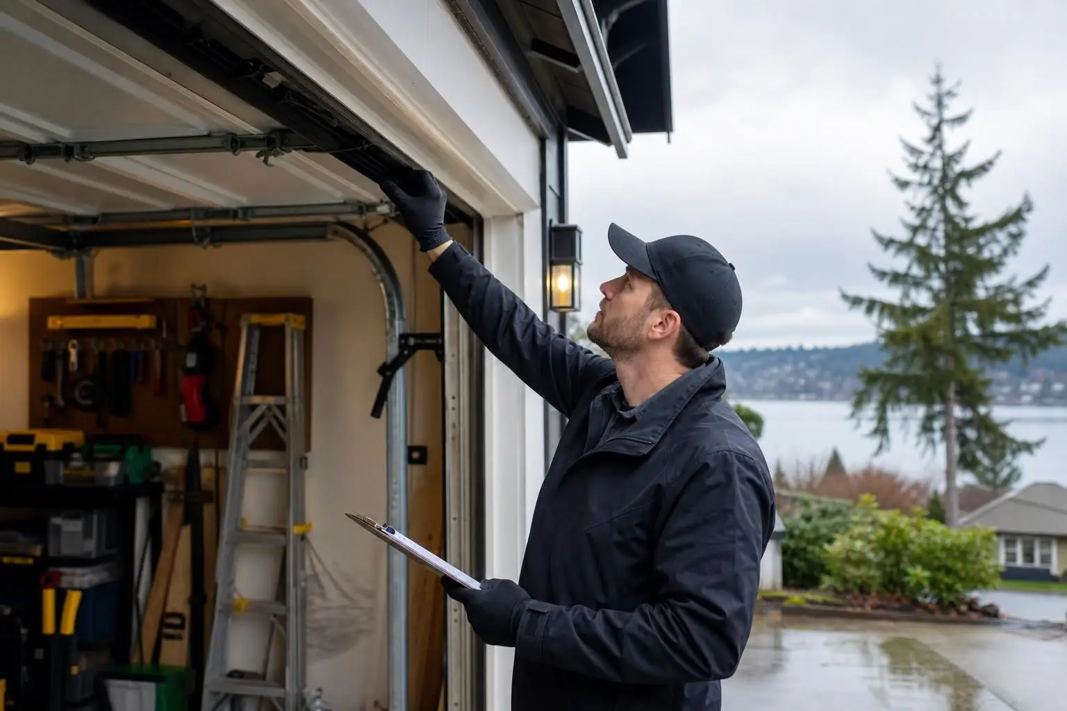 Technician inspecting a garage door with clipboard