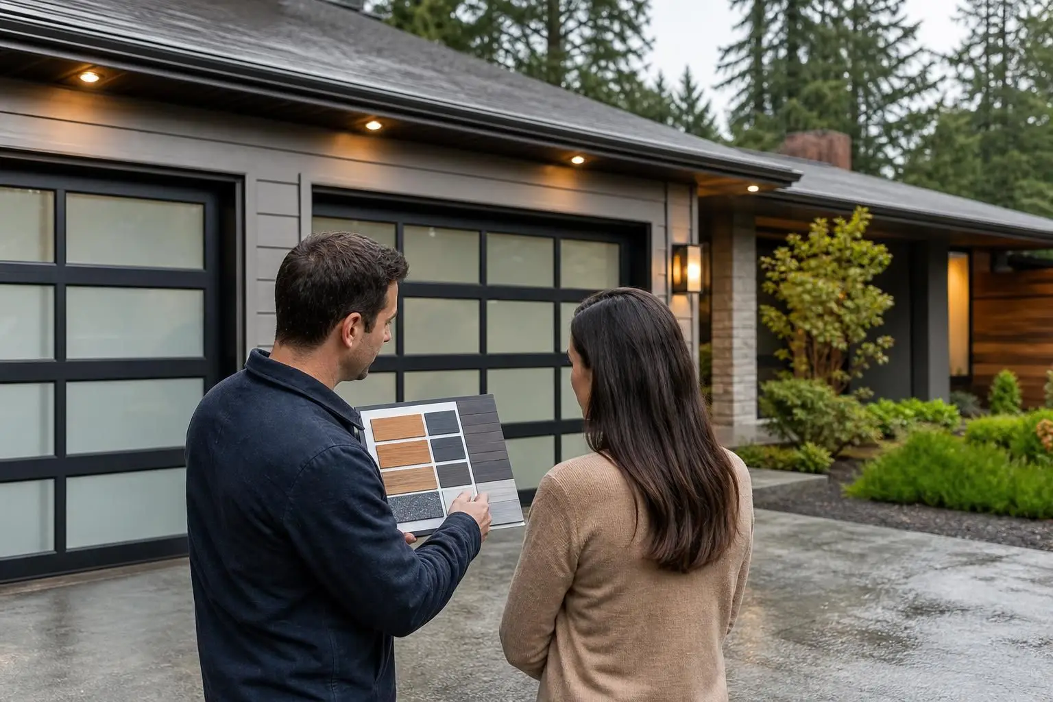 Two people reviewing garage door color samples outside a house
