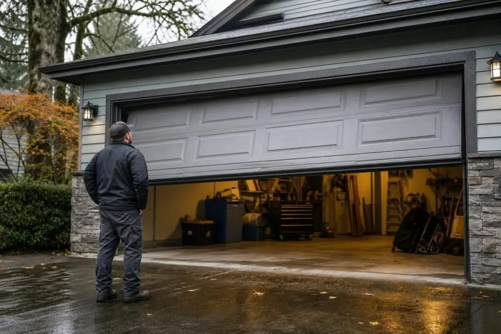 Man looking at a partially open garage door in driveway