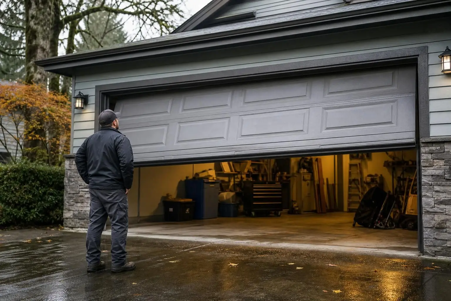Man looking at a partially open garage door in driveway