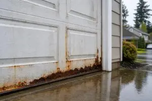 Rust-damaged white garage door bottom on wet driveway
