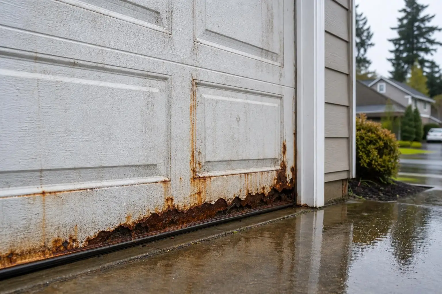 Rust-damaged white garage door bottom on wet driveway