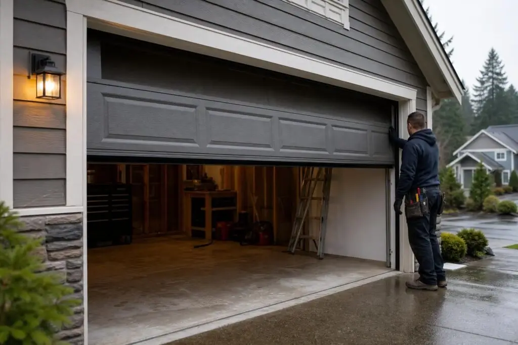 Technician inspecting gray garage door stuck halfway
