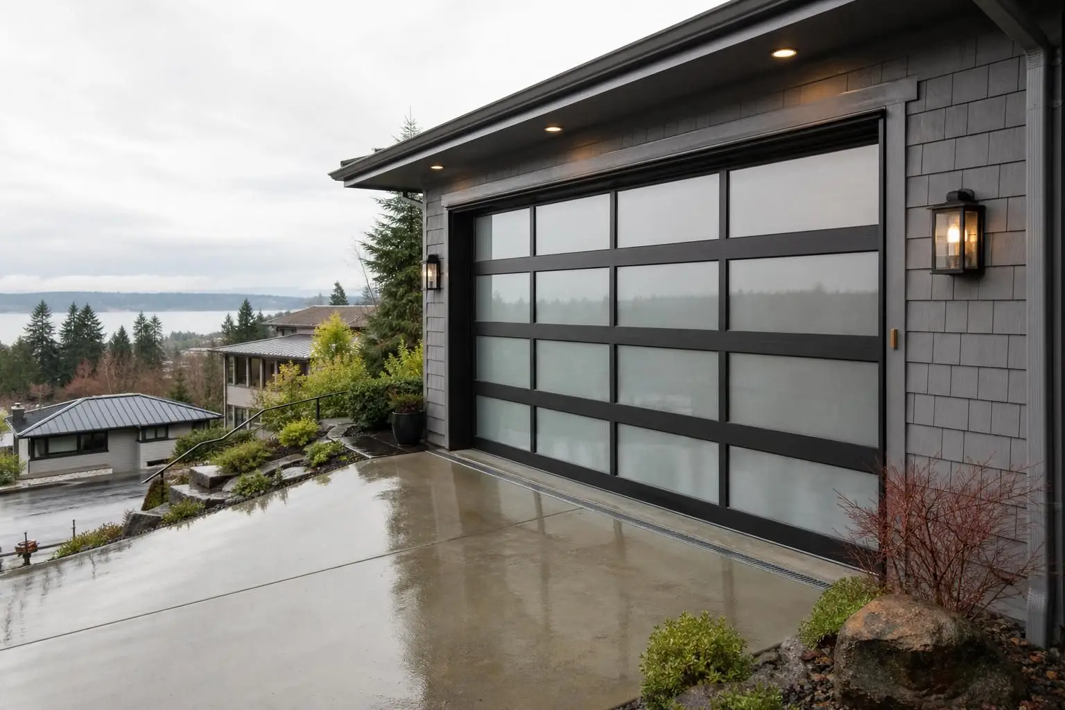 Modern frosted-glass garage door on a wet sloped driveway