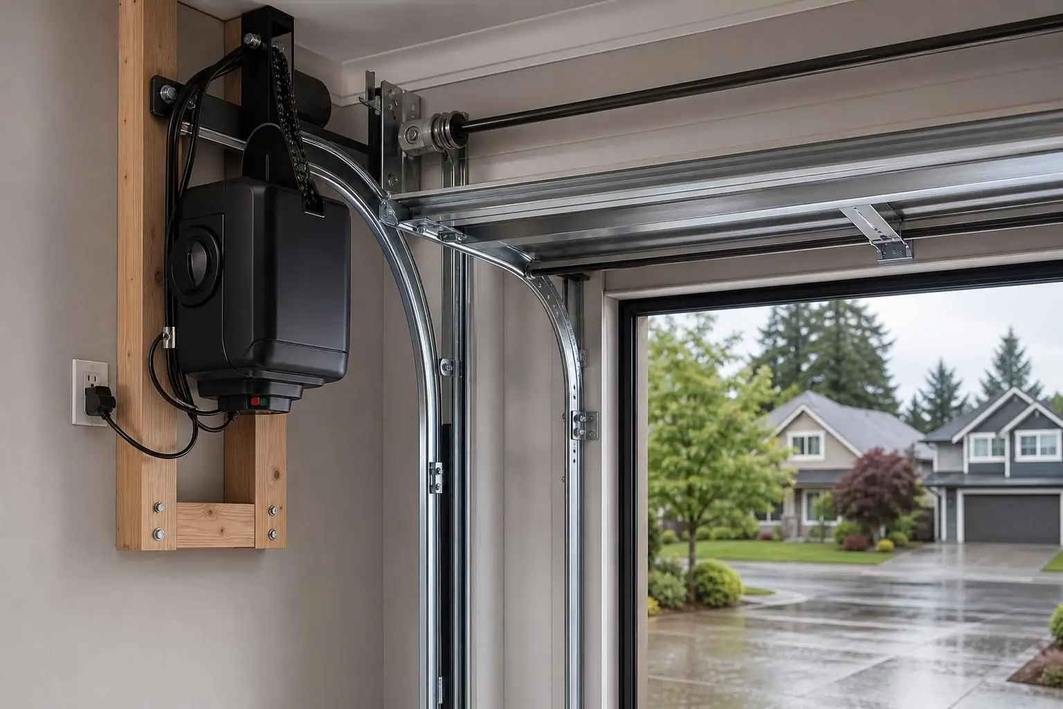 Wall-mounted garage door opener beside overhead door tracks