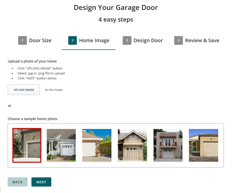 Garage door design tool step 2, Home Image upload and sample photos