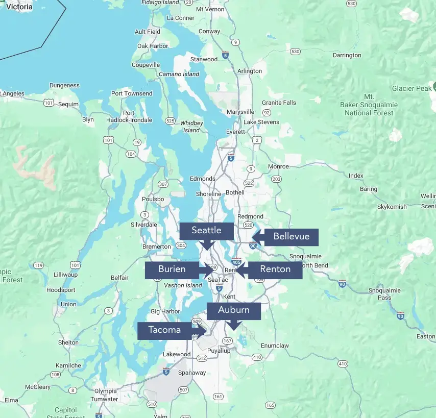 Washington map with labeled service areas: Seattle, Bellevue, Burien, Renton, Tacoma, Auburn