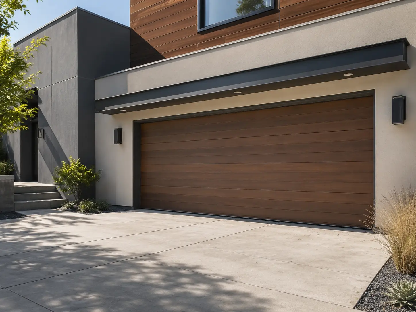Modern home exterior with closed brown garage door