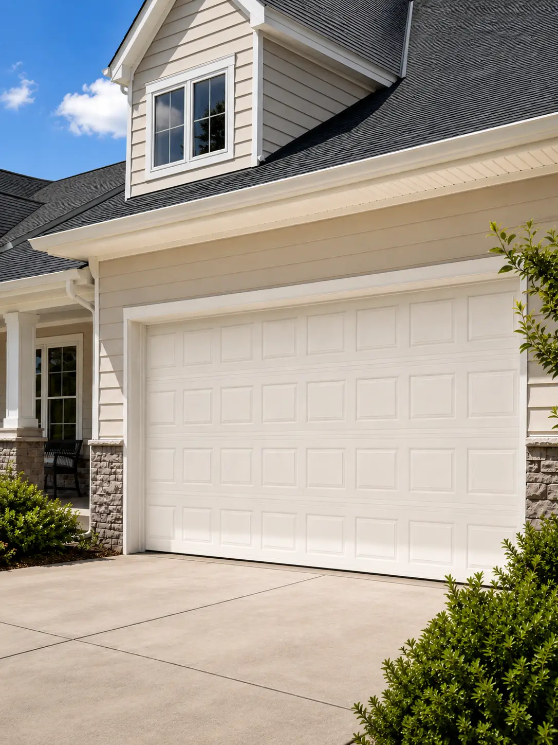 White paneled garage door on suburban house