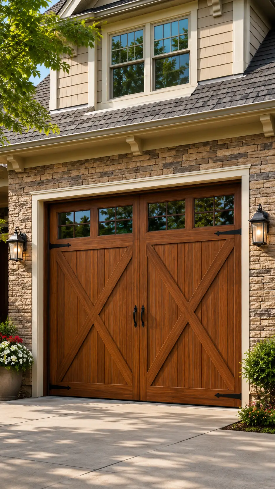 Wooden double garage door with black handles and lanterns