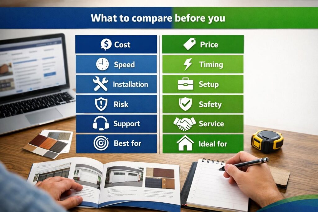 Comparison chart beside laptop, brochure, and notepad on desk