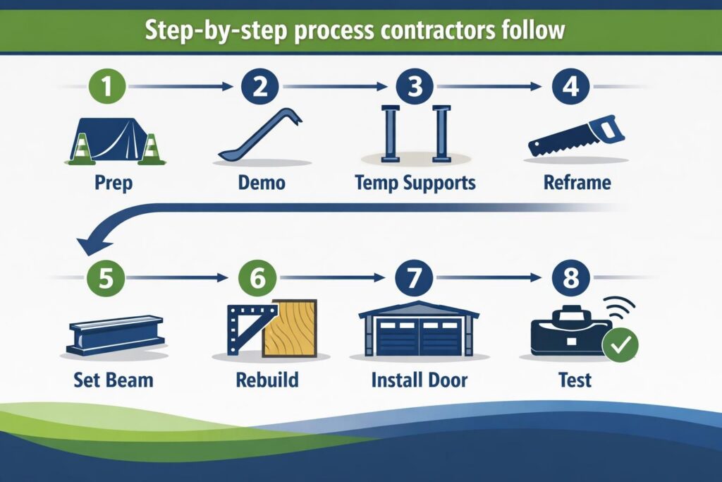 Contractor process infographic showing prep, demo, supports, reframe steps