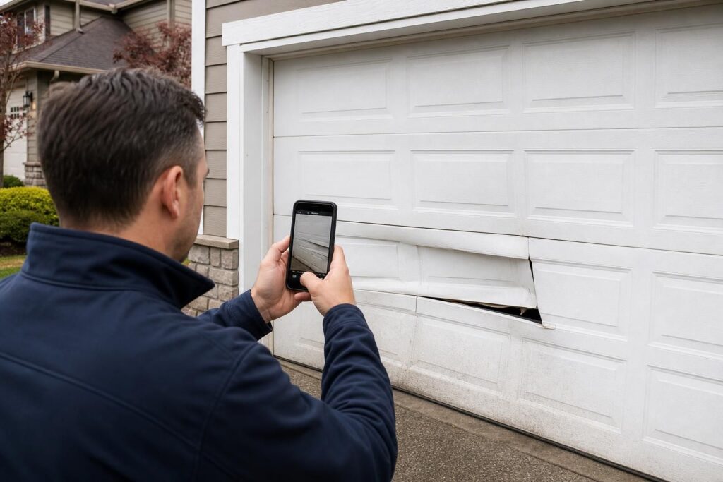 Man photographs cracked white garage door panel with smartphone