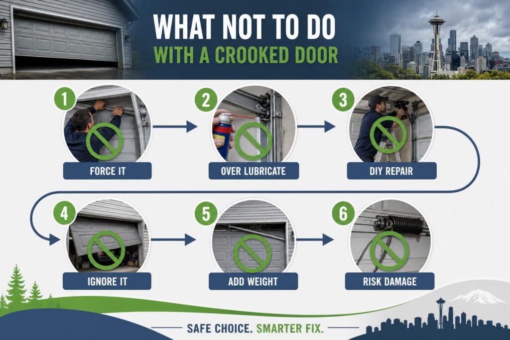 Infographic lists six mistakes with crooked garage doors and tracks