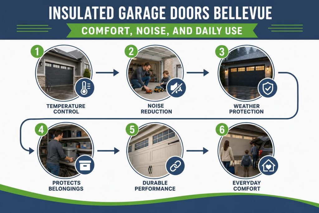Infographic shows garage door benefits with temperature, noise, and weather icons