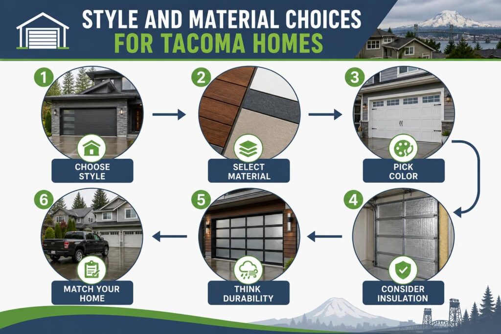 Garage door selection chart with material samples, houses, and arrows