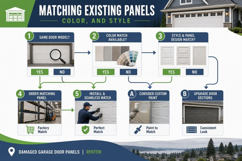 Flowchart comparing garage door model, color swatches, and panel styles