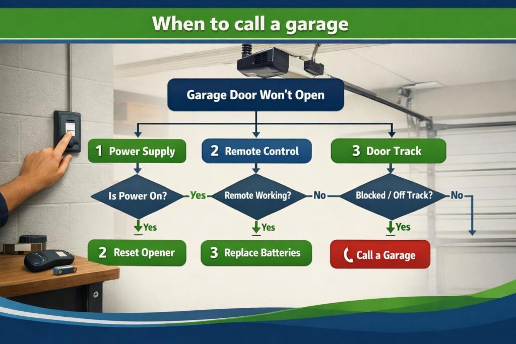 Garage door troubleshooting flowchart with hand pressing wall button