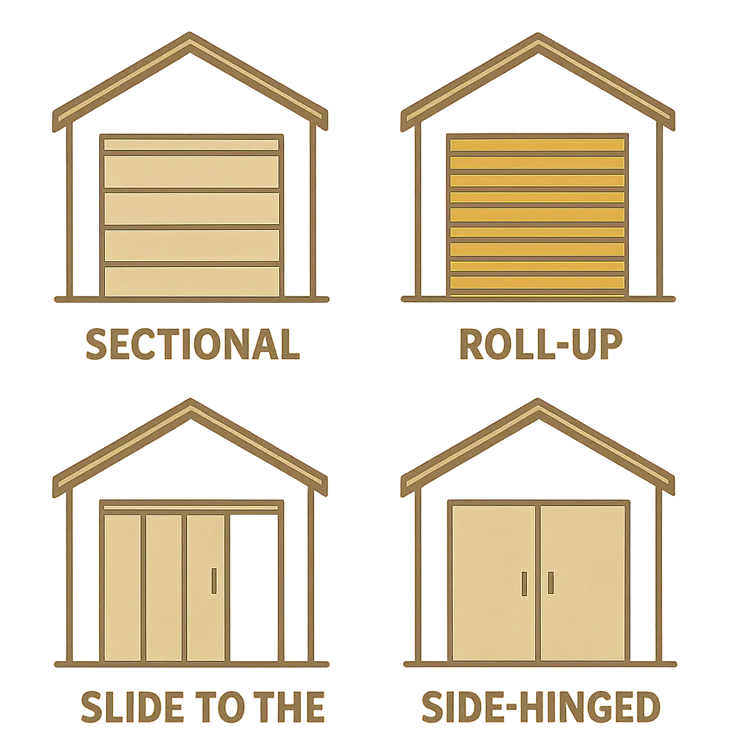 Sectional, roll-up, slide to the side, and side-hinged garage door illustrations on orange background.