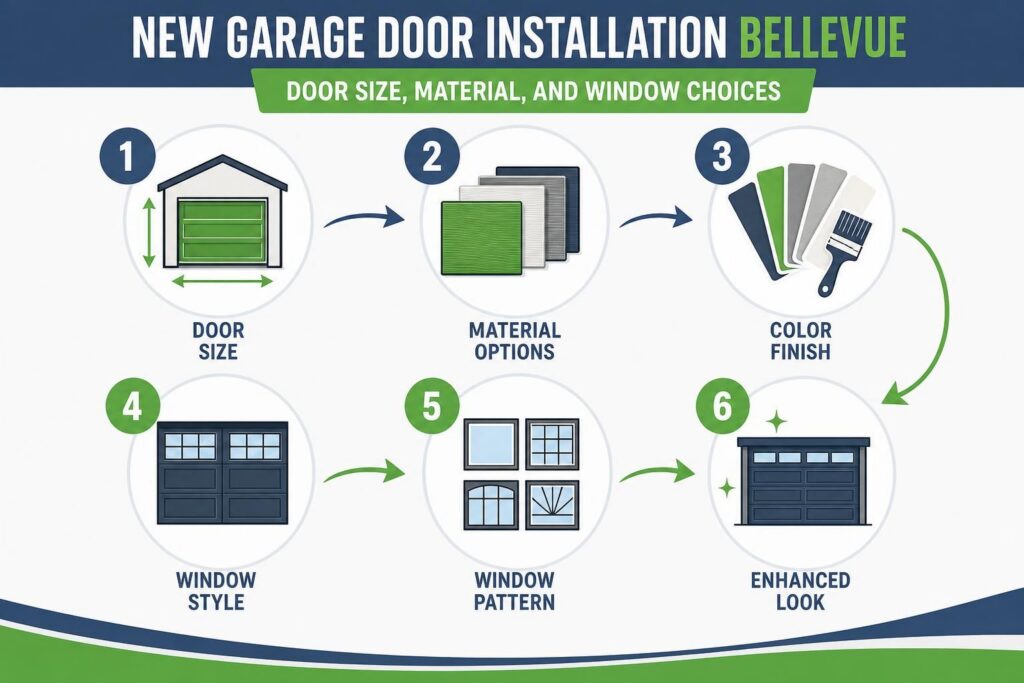 Garage door upgrade steps show size, materials, colors, and window patterns
