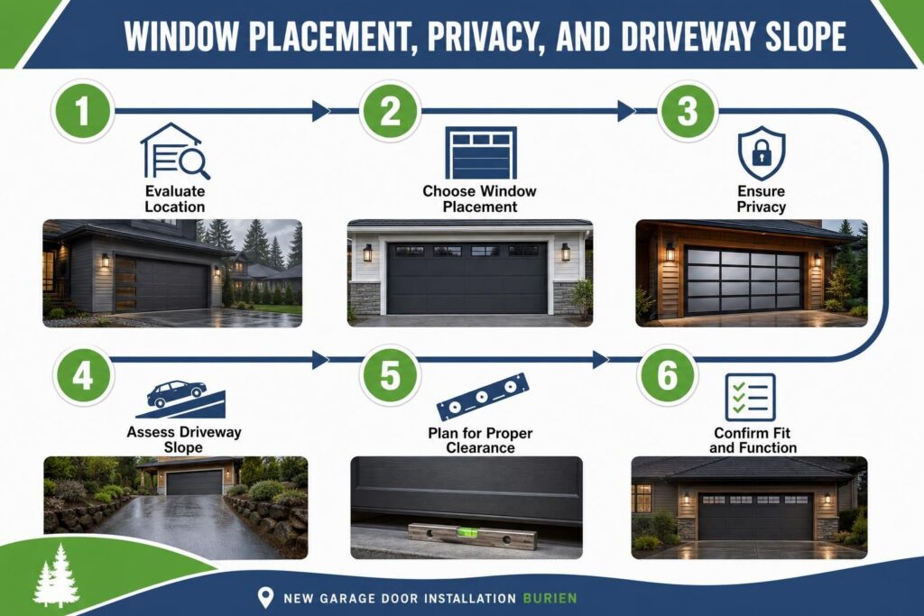 Infographic shows garage door windows, driveway slope, and clearance steps