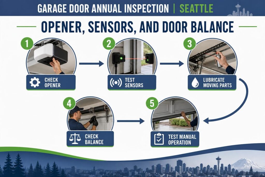 Infographic shows garage opener, sensors, springs, and manual door testing