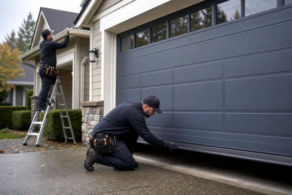 Technicians inspect a gray garage door, ladder, and gutter