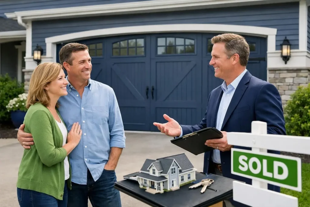 Realtor talks with couple beside sold sign and keys