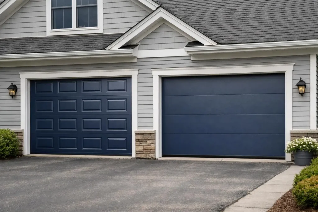 Two navy garage doors, raised panel left and flush panel right