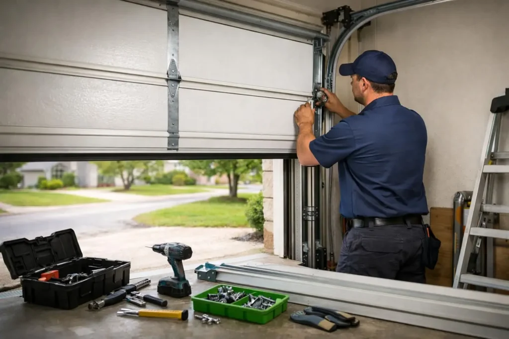 Technician adjusting garage door hardware with tools nearby