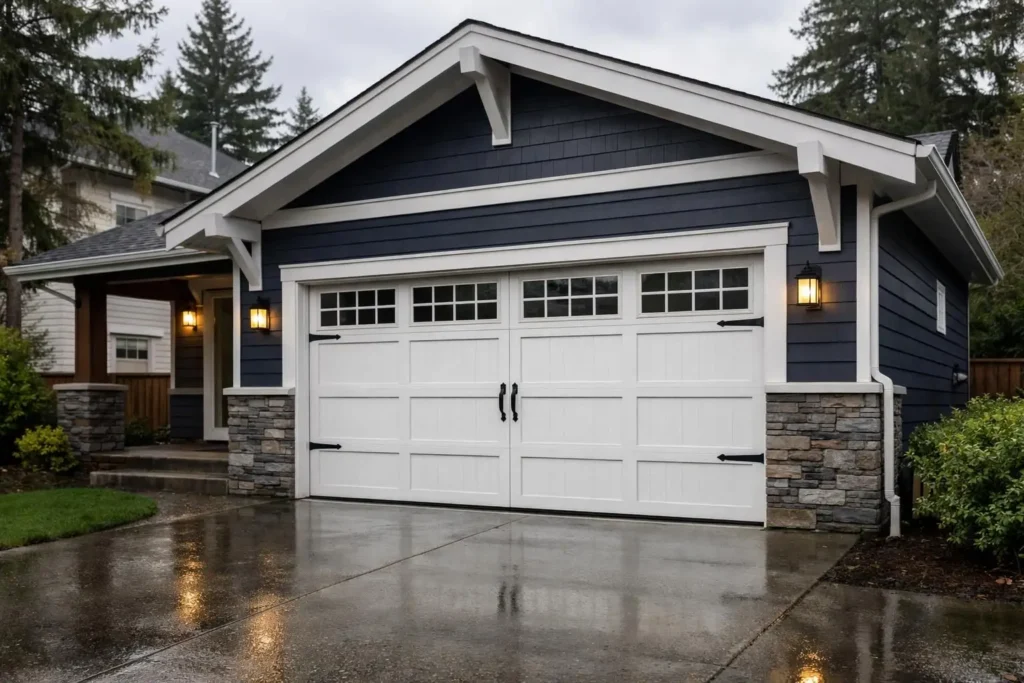 Blue house with white double garage door and wet driveway