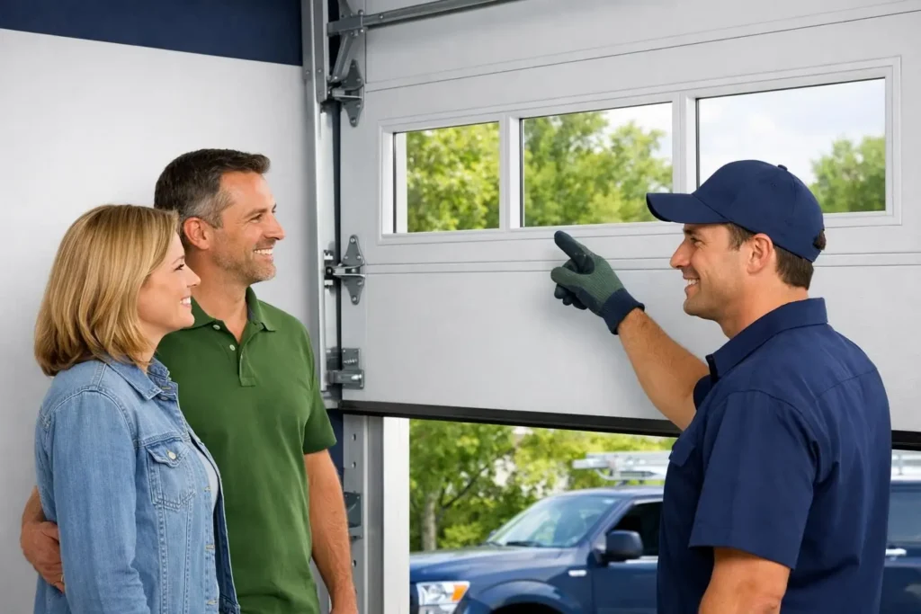 Technician pointing at garage door as couple watches