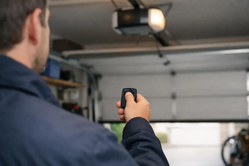Man holding garage door remote pointed at closed garage door