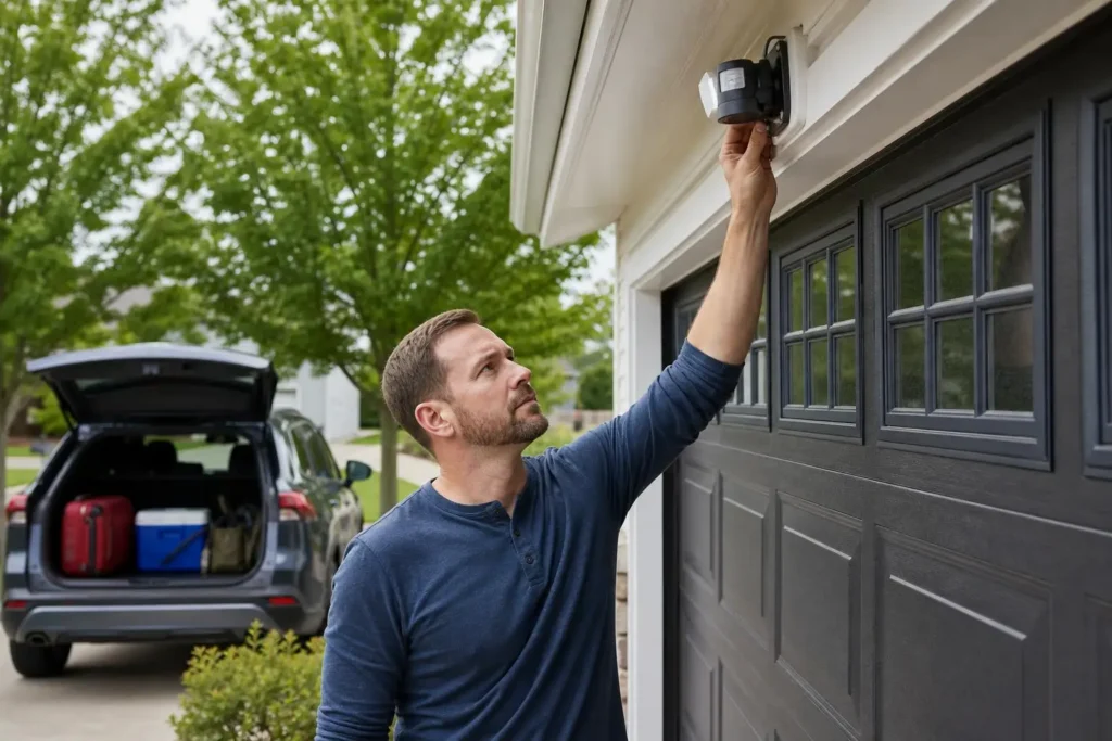 Man installing a black security light above garage door