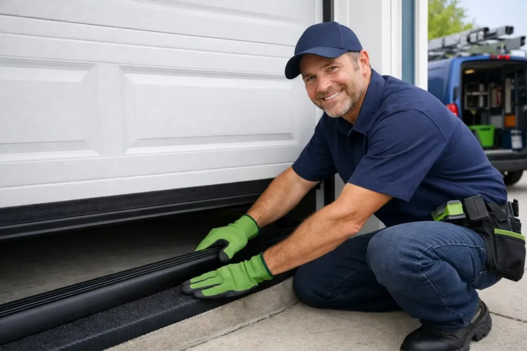 Technician in blue uniform installing black garage door seal