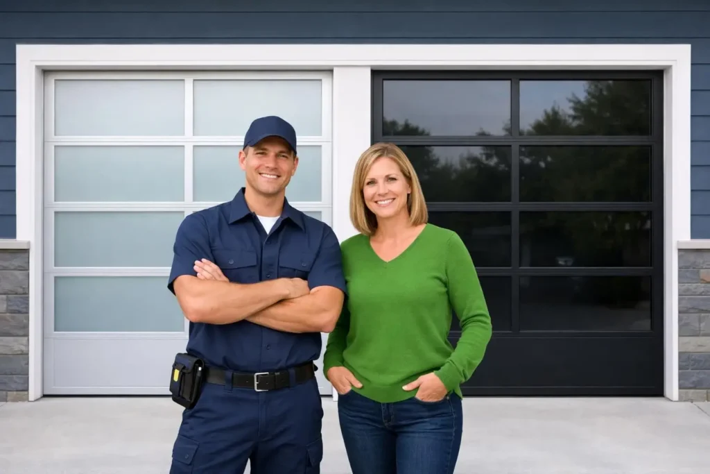 Smiling repairman and homeowner standing by garage doors