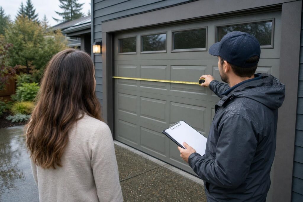 Technician measures a gray garage door while homeowner watches