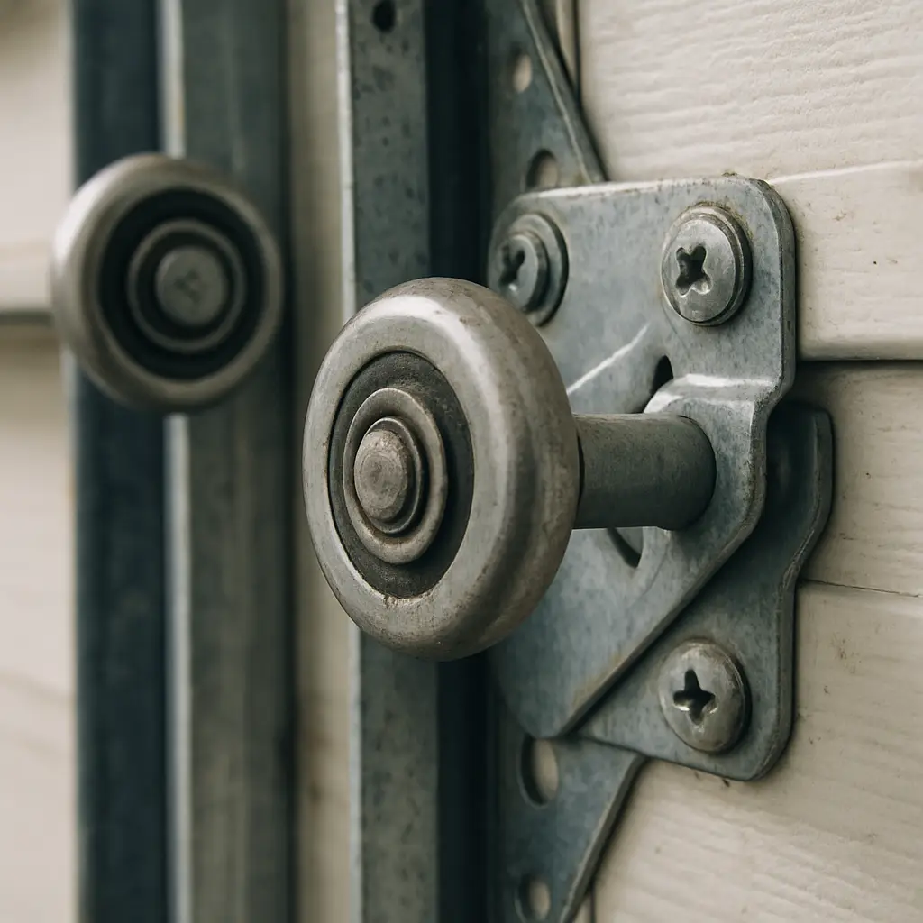 Close-up of metal garage door roller and track