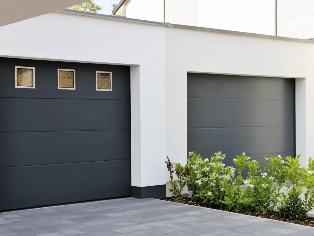 Two black garage doors, one with three square windows