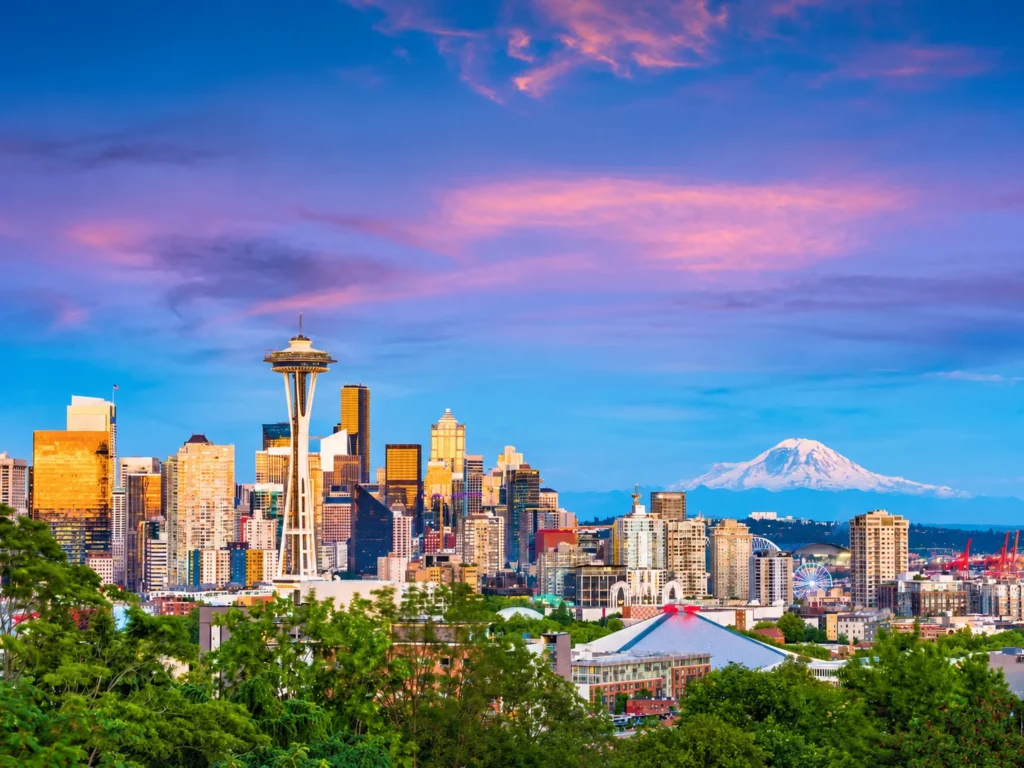 Seattle skyline with the Space Needle and Mount Rainier, Dan's Garage Door logo at top right