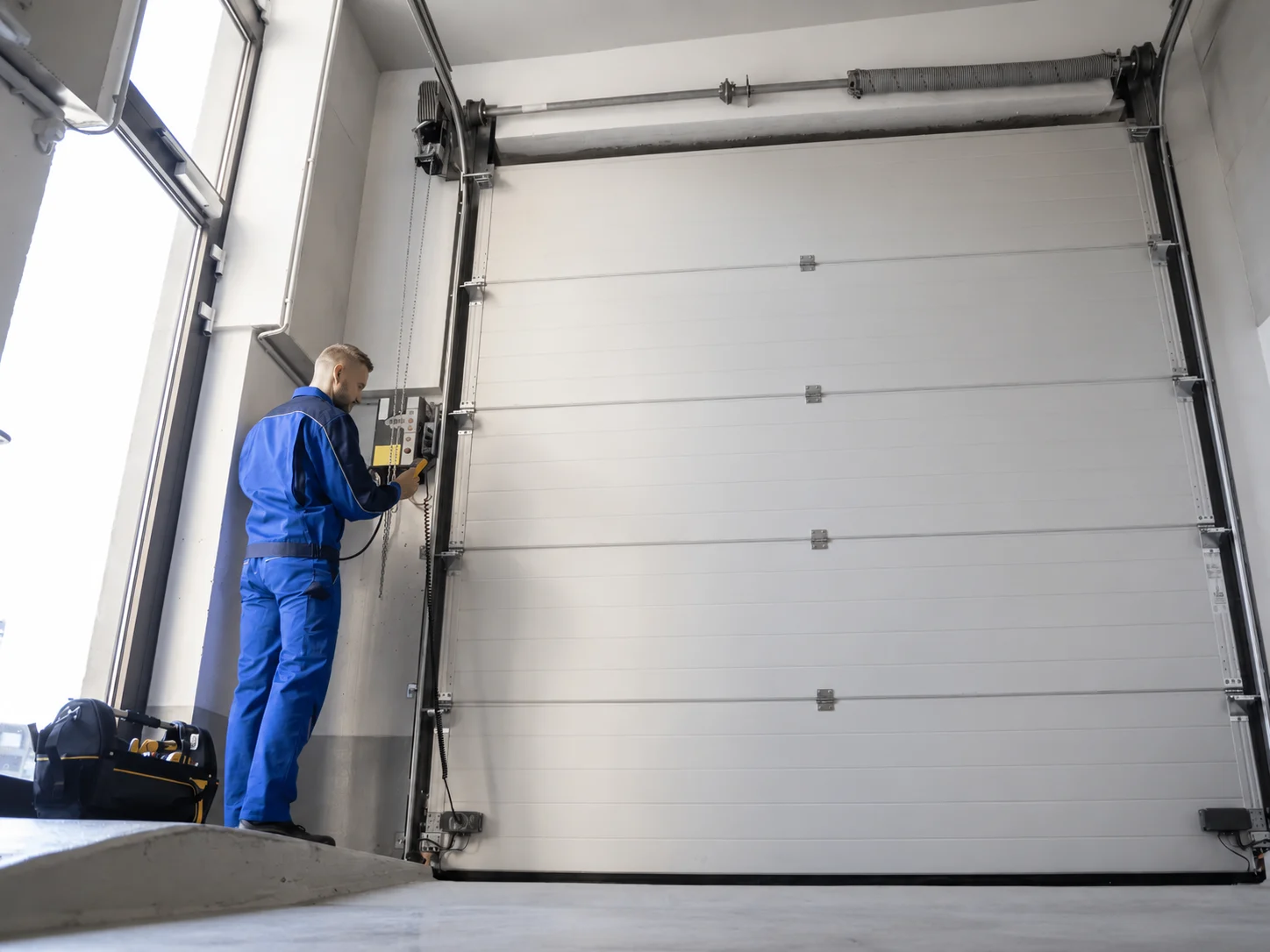 Technician in blue uniform checks garage door control panel