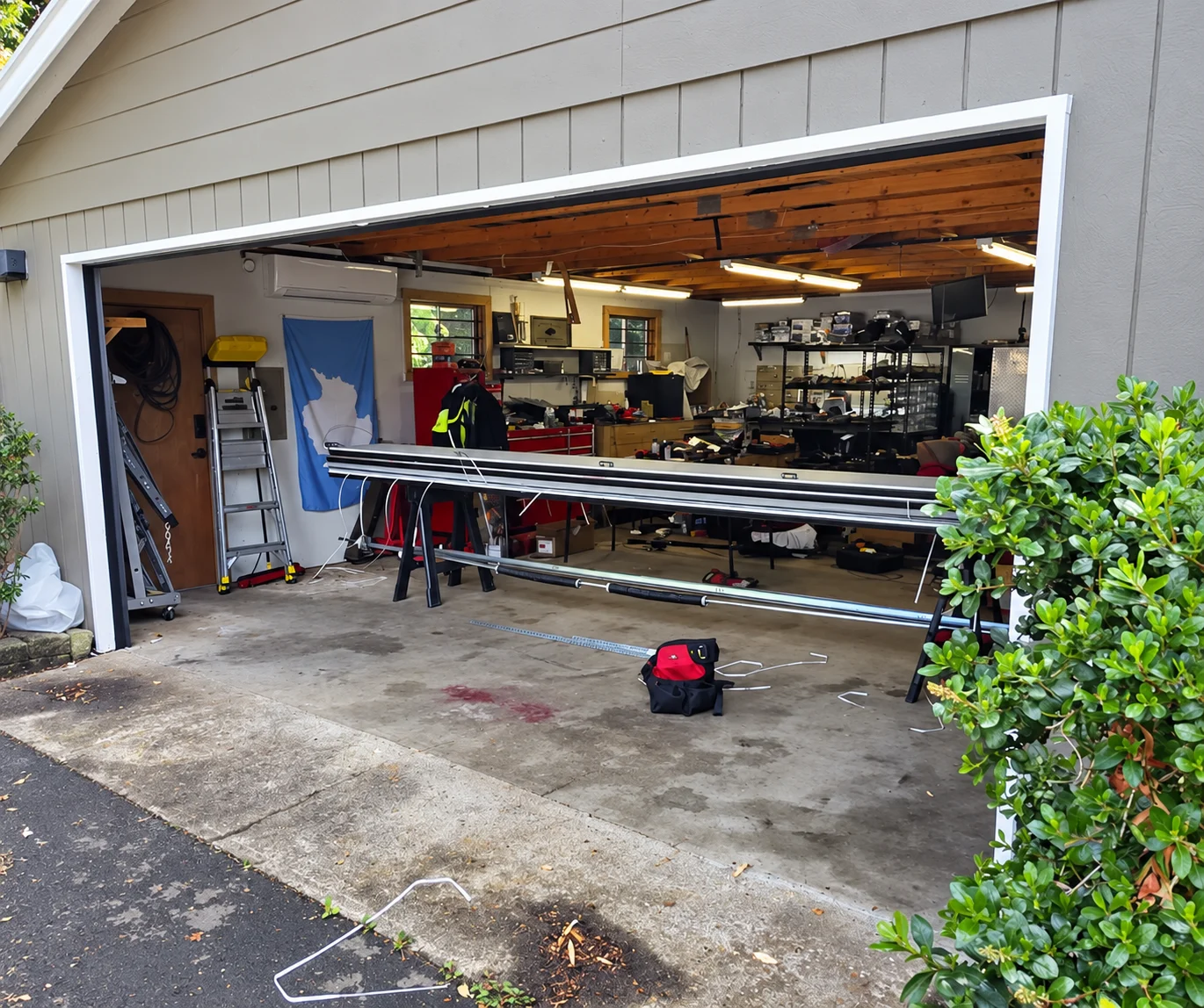 Open garage doorway with commercial door panel in workshop