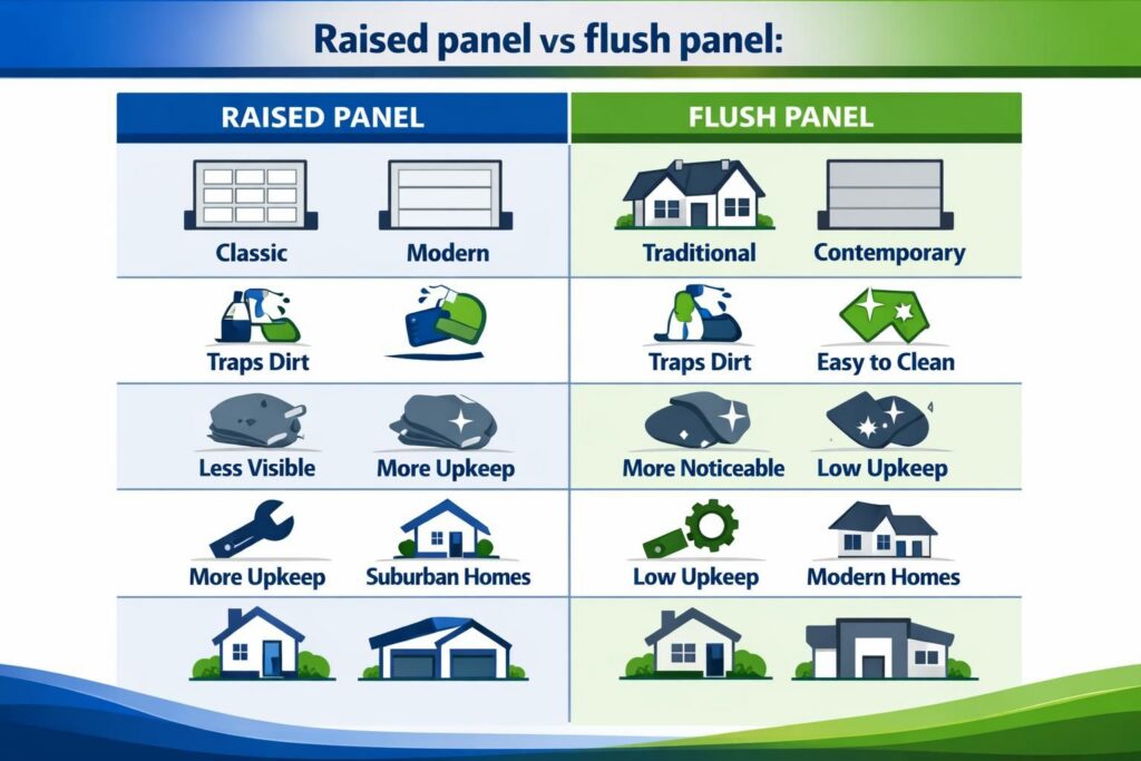 Infographic comparing raised panel and flush panel garage doors