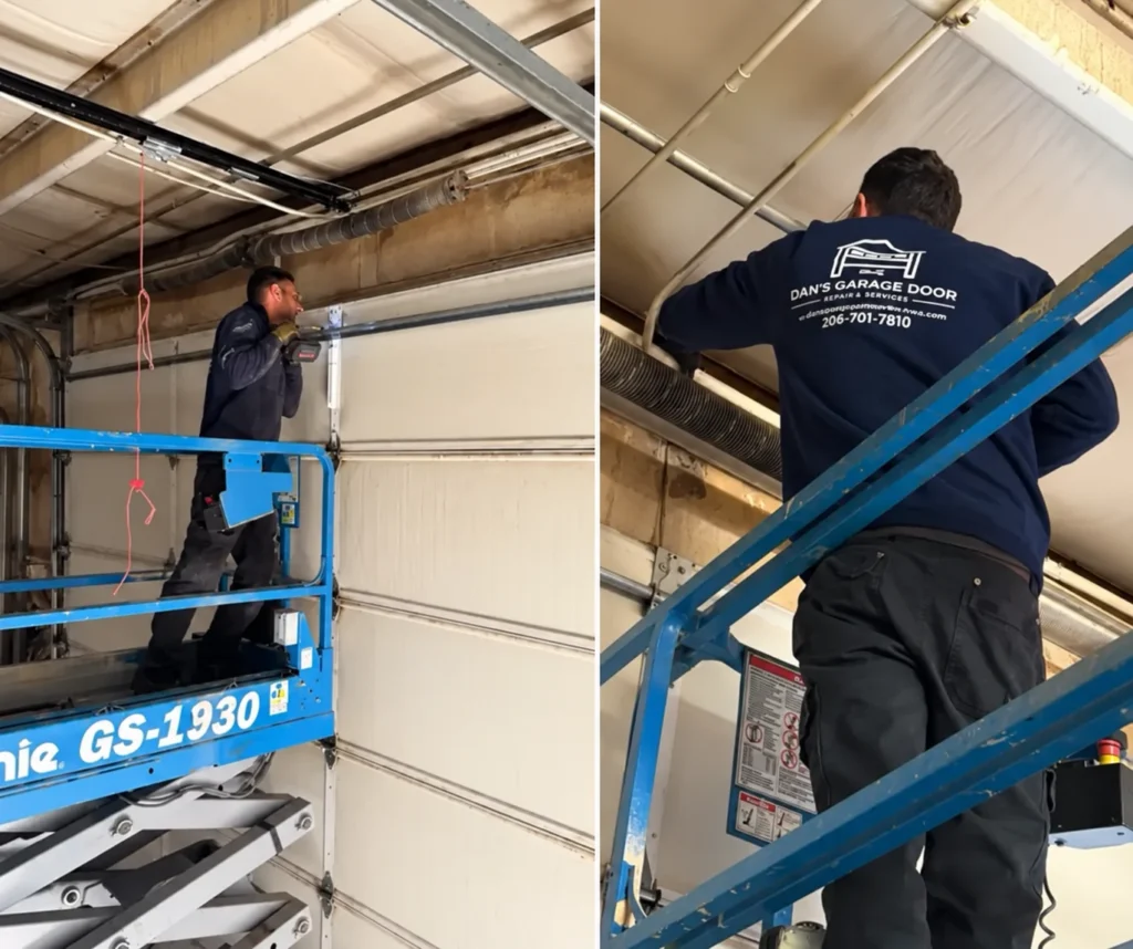 Technician on lift servicing garage door at Dan’s Garage Door