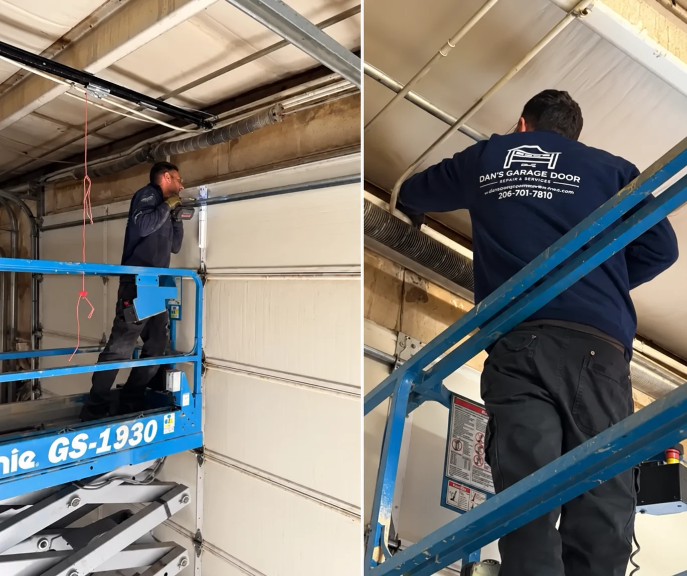 Technician on lift servicing garage door at Dan’s Garage Door