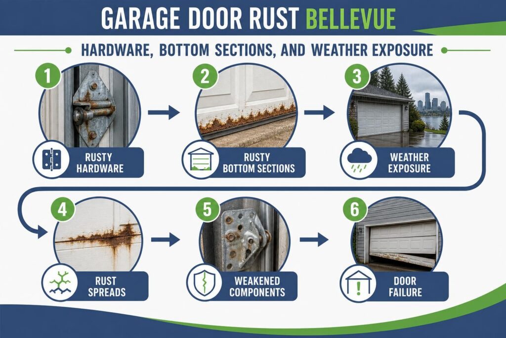 Diagram shows rusty hardware, bottom sections, weather exposure, and door failure