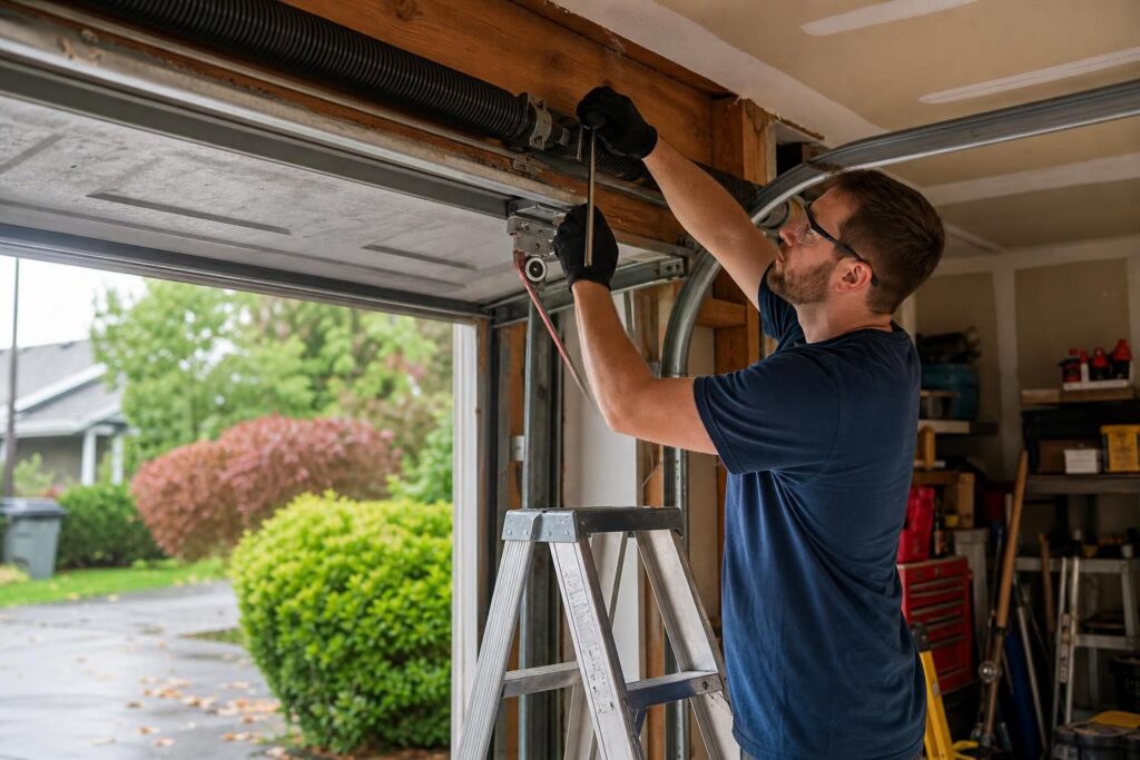 Technician adjusts garage door torsion spring with winding bar